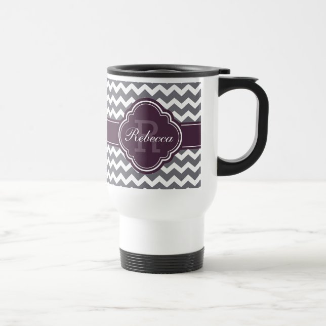 Lila Quatrefoil Monogram Grått Chevron Mönster Resemugg (Höger)