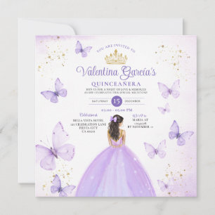 Lila Quinceañera 15 Anos Butterfly Guld Glitter Inbjudningar