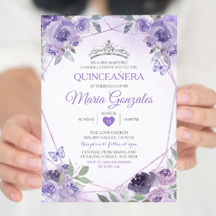 Lila Quinceañera 15 Anos Krona Mexican Butterfly Inbjudningar