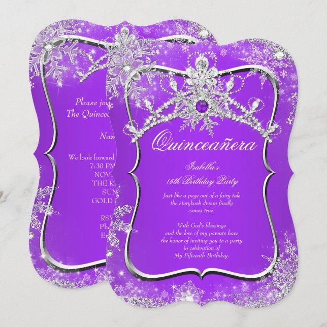 Lila Quinceanera 15:e Vinterundret Inbjudningar (Fram/baksida)