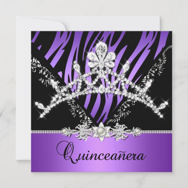 Lila Quinceanera 15:e Zebra Tiara Diamond Inbjudningar (Framsida)