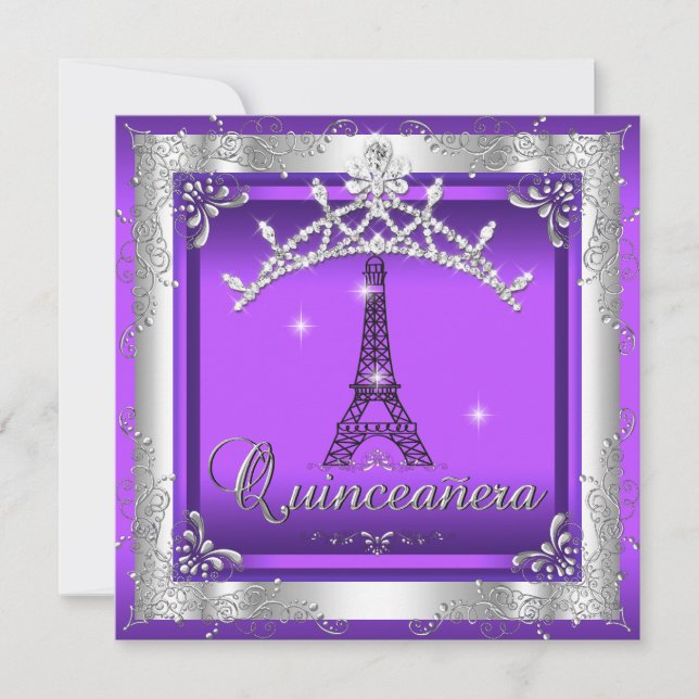 Lila Quinceanera 15 Silver Tiara Eiffel Torn Inbjudningar (Framsida)