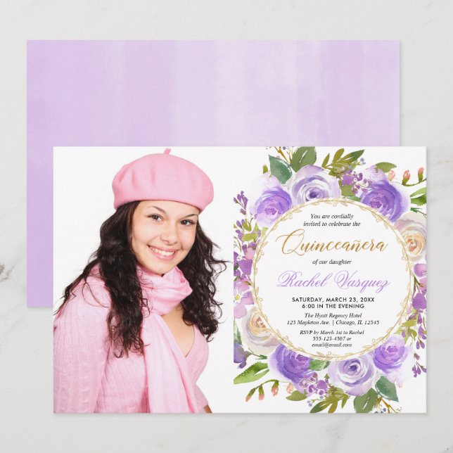 Lila Quinceanera blommigt lavender lilac-foto Inbjudningar (Fram/baksida)