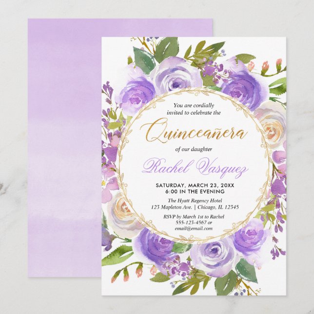 Lila Quinceanera blommigt lavender lilac Inbjudningar (Fram/baksida)