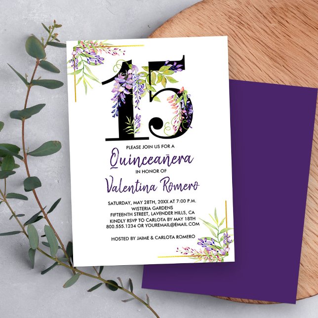 Lila Quinceanera Blommigt nummer 15 Födelsedag Inbjudningar (Floral Number 15, 15th birthday invitation from my Purple Wisteria Quinceanera Collection
)