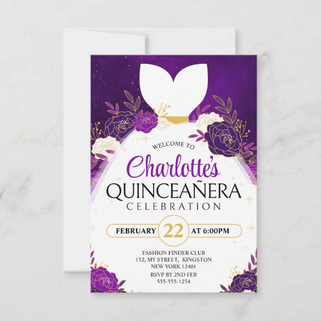 Lila Quinceañera Blommigt White Princess Dress Inbjudningar (Framsida)