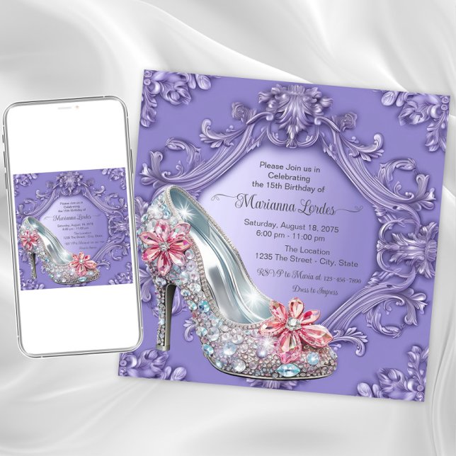Lila Quinceañera Födelsedagsfest Inbjudningar (Purple jewel shoe any occasion invitation. Instant download and printed invitations available.)