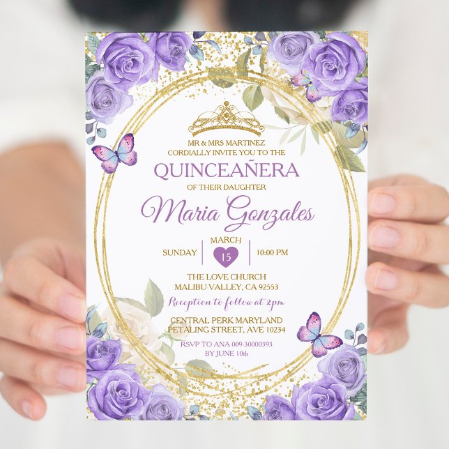 Lila Quinceañera Guld Krona Glitter Butterfly Inbjudningar (Skapare uppladdad)