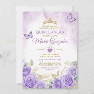 Lila Quinceañera Guld Krona Mexikanska fjäril Inbjudningar