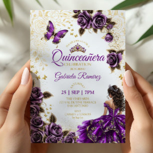 Lila Quinceañera Guld Tiara Rosor Fjärilar Inbjudningar