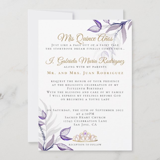 Lila Quinceañera Mis Quince Años Follaje Morado Inbjudningar (Baksida)