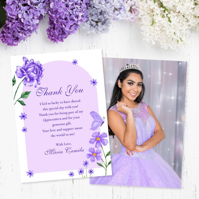 Lila Quinceañera Ro och Butterflies Photo Tack Kort (Purple Quinceañera Floral Roses and Butterflies Thank You Card)