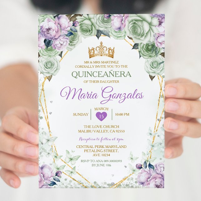 Lila Quinceañera Sage Grönt Mexican Butterfly Inbjudningar (Skapare uppladdad)