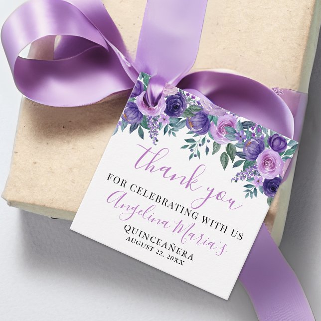 Lila Quinceanera Tack Gåvor Etiketter (Purple Quinceanera Thank You Favor Tags)