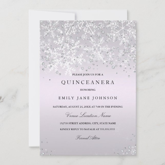 Lila Quinceanera Vinterundret Snöflingor Inbjudningar (Framsida)
