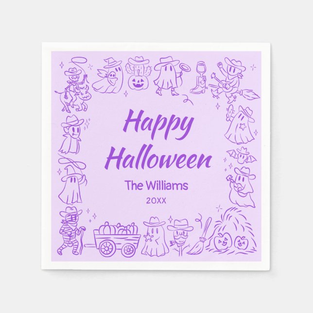 Lila Quirky Hand plockade Doodles Happy halloween Pappersservett (Framsidan)