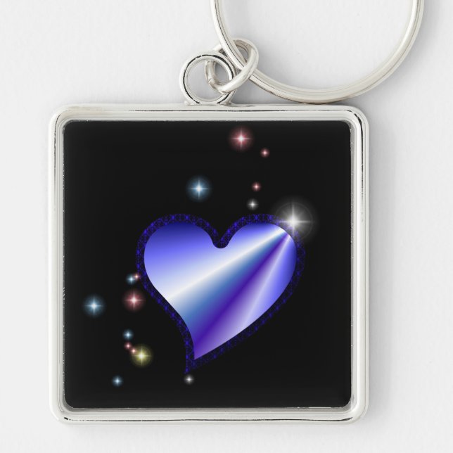 Lila Rainbow Heart med stjärnor Fyrkantig Silverfärgad Nyckelring (Framsidan)