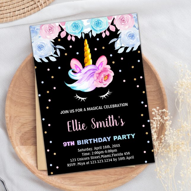 Lila Rainbow Rosa Unicorn Birthday-inbjudningar Inbjudningar (Purple Rainbow Pink Unicorn Birthday Invitations)