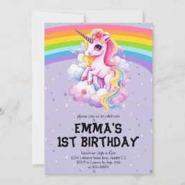 Lila Rainbow Unicorn Girly 1:a födelsedagen Inbjudningar