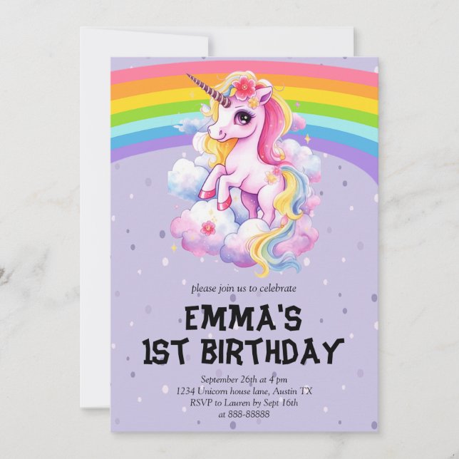 Lila Rainbow Unicorn Girly 1:a födelsedagen Inbjudningar (Framsida)