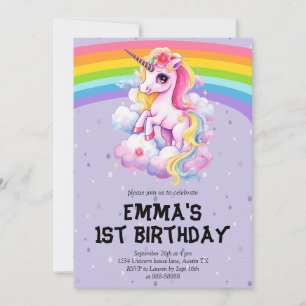 Lila Rainbow Unicorn Girly 1:a födelsedagen Inbjudningar