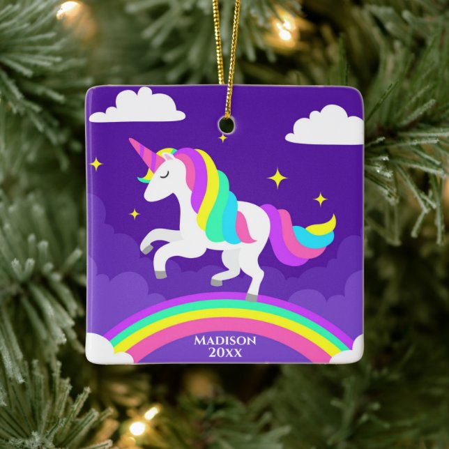 Lila Rainbow Unicorn Personlig Year Magic Julgransprydnad Keramik (Träd)