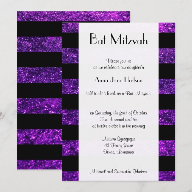 Lila Rand, Glitter Rand, Bat mitzvah Inbjudningar (Fram/baksida)