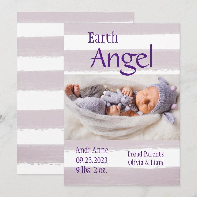 Lila Rand Photo Earth Angel Birth Announement Meddelande (Fram/baksida)