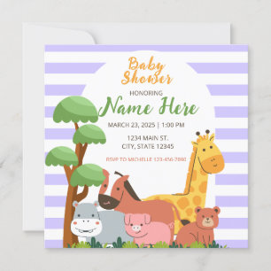 Lila Rand Safari Animals Baby Shower Inbjudningar