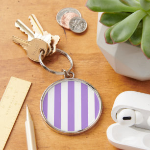 Lila Rand, Vita Rand, Stripe Mönster Rund Silverfärgad Nyckelring