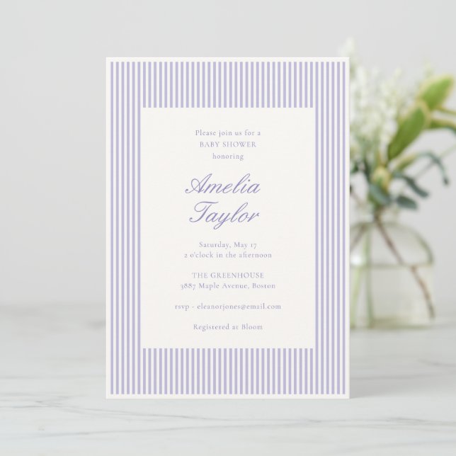 Lila randig elegans för baby shower klassiker inbjudningar (Stående Fram)