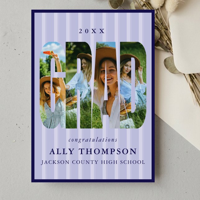 Lila randig fotoför annonsering av examen inbjudningar (Purple Classic Stripe Photo Graduation Announcement)