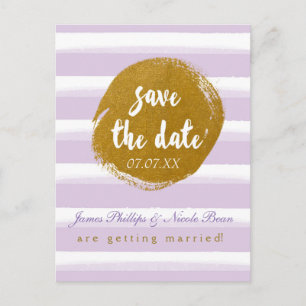 Lila randig & guld folie Save The Date vykort