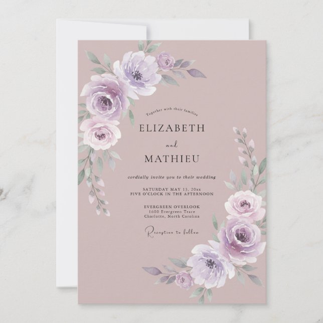 Lila Ranunculus-Eukalyptus-Hochzeit i nedton Inbjudningar (Framsida)