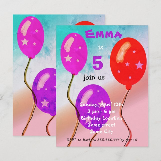 Lila Red Balloons Barns födelsedag Party Inbjudan Vykort (Fram/baksida)