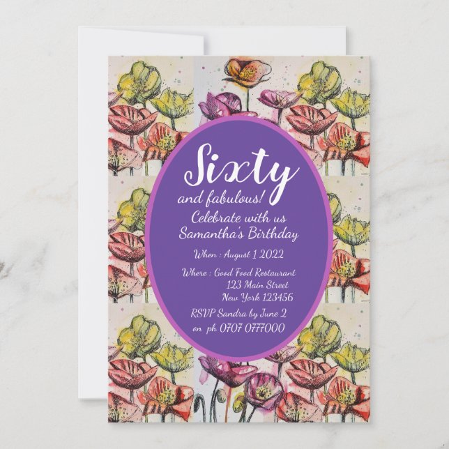 Lila Red Poppy Blommigt 60:e födelsedagsinbjudan Inbjudningar (Framsida)