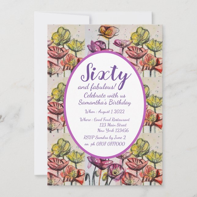 Lila Red Poppy Blommigt 60:e födelsedagsinbjudan Inbjudningar (Framsida)