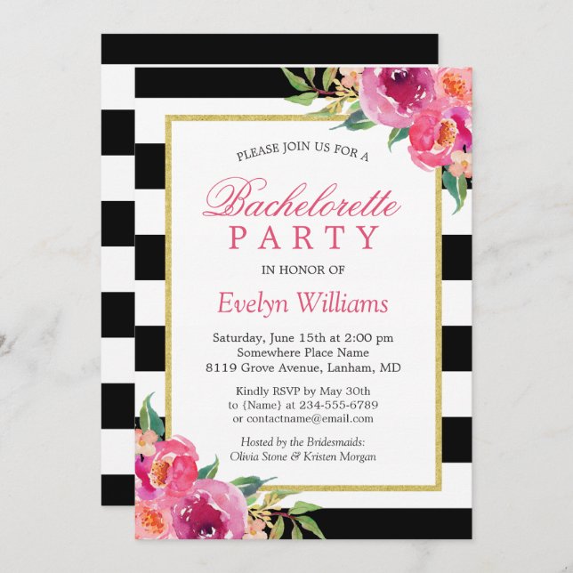 Lila Red Rosa Fuchsia Blommigt Bachelorette Party Inbjudningar (Fram/baksida)