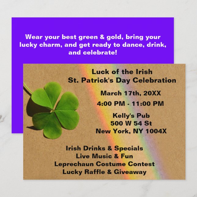 Lila regnbåge St. Patrick's Day-inbjudan Inbjudningar (Fram/baksida)