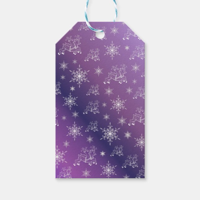 lila, renar, stjärna, stjärnor, snöflake, jultomat presentetikett (Framsidan)