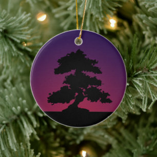 Lila Retro Bonsai Sunset Julgransprydnad Keramik