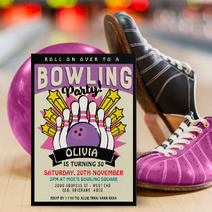 Lila Retro Bowling Födelsedagsfest Inbjudningar