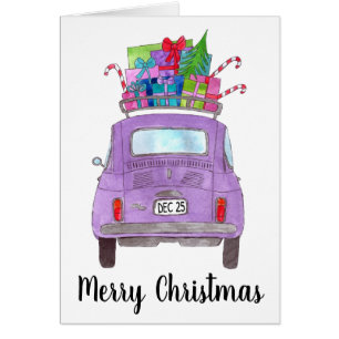 Lila Retro Fiat 500 med julklappar Hälsningskort