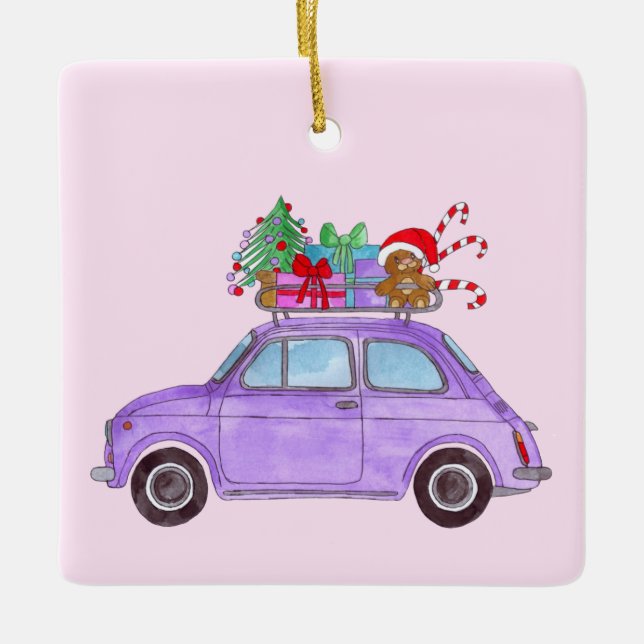 Lila Retro Fiat 500 med julklappar Julgransprydnad Keramik (Framsida)