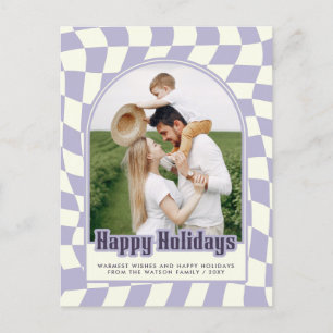 Lila Retro Groovy Checkated Glad helg Photo Vykort