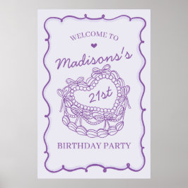 Lila Retro Heart Coquette Cake Birthday Välkommen Poster