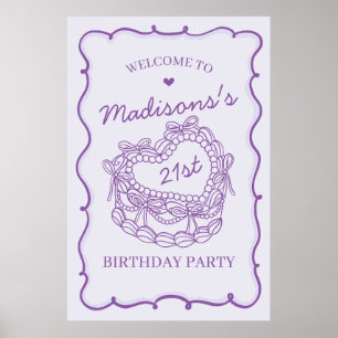 Lila Retro Heart Coquette Cake Birthday Välkommen Poster