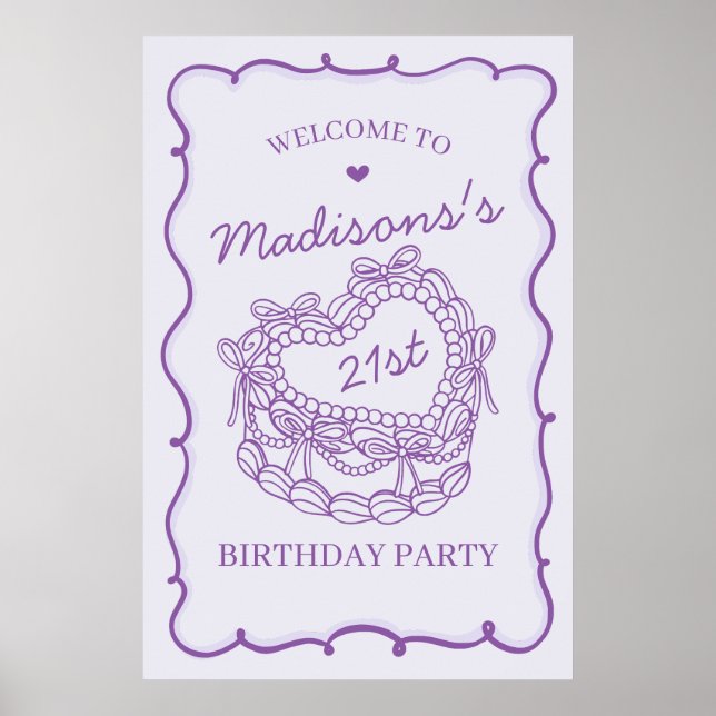 Lila Retro Heart Coquette Cake Birthday Välkommen Poster (Framsidan)