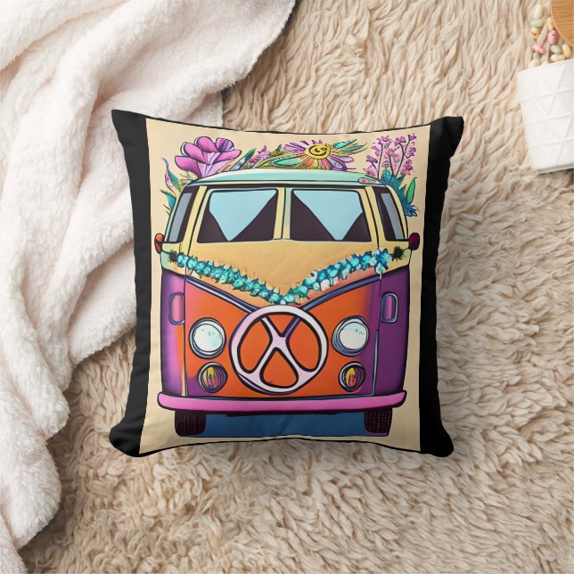 Lila Retro Hippie Van Vintage Färg Art Kudde (Filt)