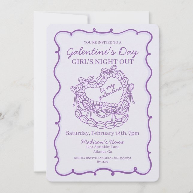 Lila Retro Hjärtlig Tjejdagskaka Galentine Inbjudningar (Framsida)